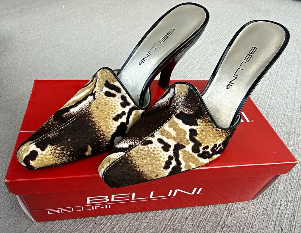 VTG Bellini Calf Hair Animal Prt Mules Heels NIB Deadstock Y2K Mob Wife Size 7M